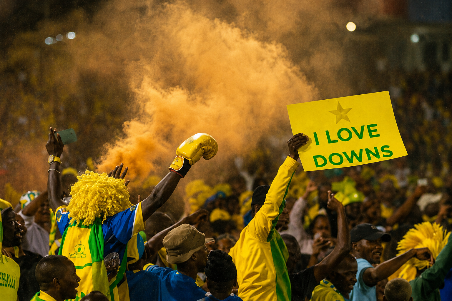 Sundowns supporters celebrating beneath yellow smoke with an I Love Downs sign